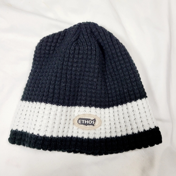 KB Ethos Men's Winter Hat Waffle Fleece Beanie Black/White Stripe - Picture 4 of 8